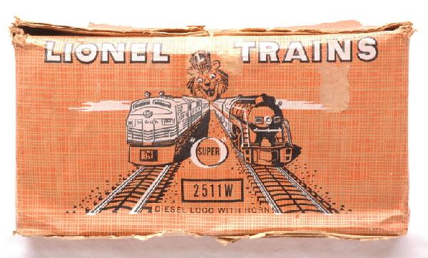 Lionel Set Box ONLY for Work Train Set 2511W: Lionel postwar set box only for the work train set no. 2511W, circa 1958. The set box is sealed on the bottom and has all flaps attached on the top. The top flaps have skinned areas. One end of the se