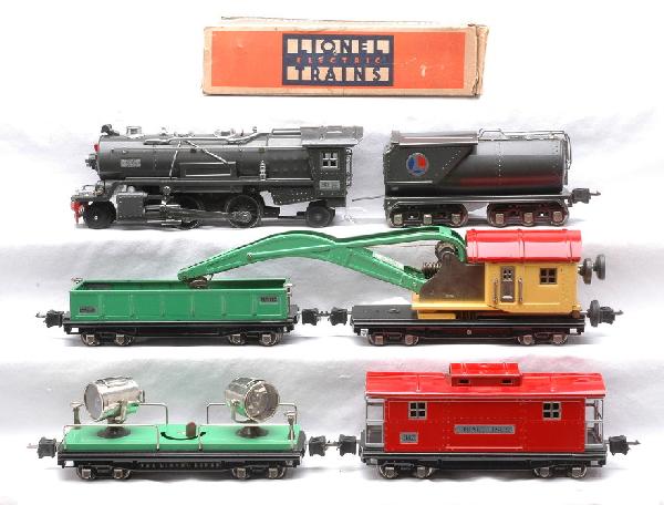 Lionel Freight Set 277W 263E 268W 812 820 810 817: Lionel prewar O gauge work freight set no. 277W, circa 1936-37 containing; 263E gunmetal 2-4-2 steam loco, 268W tender, 812 45N green gondola in a worn OB, 820 green floodlight car, 810 crane car with