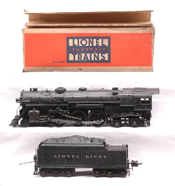Lionel 763 Black NYC Hudson w/2226W Tender: Lionel prewar O gauge 763 black 4-6-4 NYC Hudson steam loco with a 2226W tender in OB with original cardboard insert. The loco is C7 and the tender is C7-8. The OB has all flaps attached and is staine