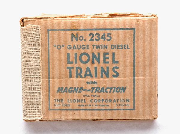 Lionel Master Carton ONLY for 2345 WP F3 Units: Lionel postwar master carton only for 2345 Western Pacific F3 AA diesel units. The master carton has one small square section that is colored over with marker. There is a shipping label on one side. T
