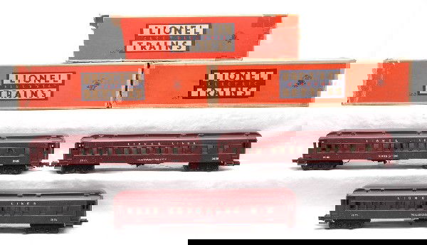 Lionel Lines 2625 2627 2628 Pullmans MINT Boxed: Lionel postwar Lionel Lines passenger cars; 2625 Irvington Pullman, 2627 Madison Pullman and 2628 Manhattan Pullman in OBs. The passenger cars have a very faint test run. The paint is clean with nice