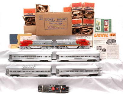 Lionel 2190W Passenger Car Set MINT Boxed: Lionel postwar Super Speedliner Passenger set no. 2190W, circa 1952 in individual OBs that have original cardboard inserts, wraps and set box containing; 2343P/2343T Santa Fe F2 AA diesel units. 2533