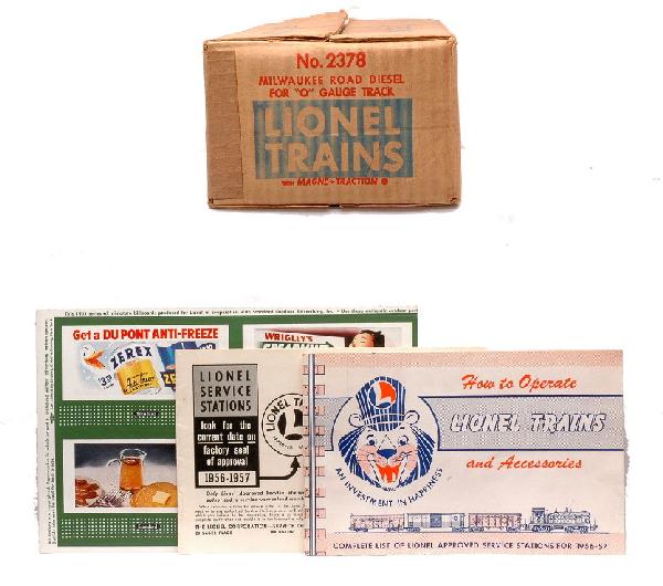 Lionel Master Carton ONLY 2378 MR F3 AB Units: Lionel postwar original master carton only for 2378 Milwaukee Road F3 AB diesel units with uncut sheet of billboards, service station pamphlet and accessory booklet. The master carton is sealed on the