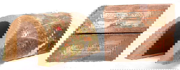 Lionel Prewar 120L Metal Scenic Tunnel Boxed: Lionel prewar standard gauge 120L metal scenic tunnel with vivid colors in worn OB. The bottom of the tunnel has three holes drilled in it, otherwise tunnel is C7.