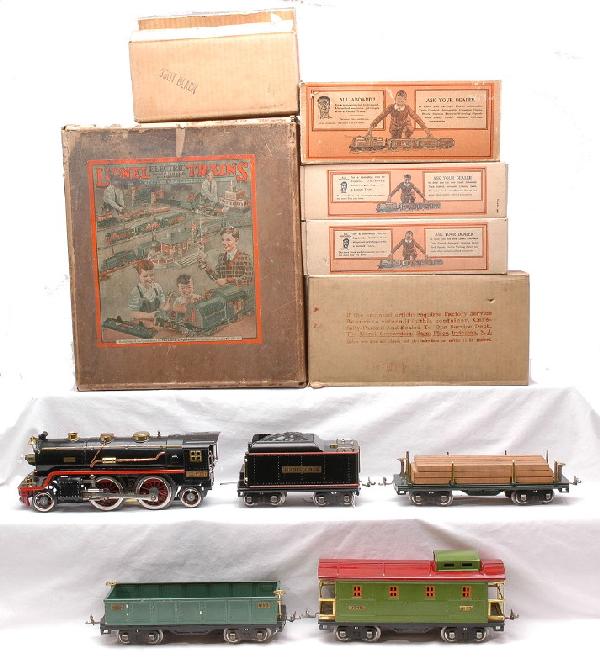 Lionel Freight Set 391E 390 390T 511 512 517 OBs: Lionel prewar standard gauge freight set no. 391E, circa 1929 in individual OBs and set box containing; 390 black 2-4-2 loco and a 390T tender, both with orange stripes, 512 peacock gondola, 511 dark