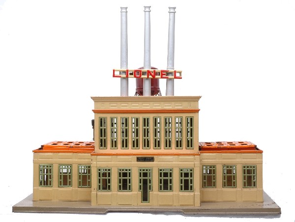 Lionel Prewar 840 Industrial Power Station: Lionel prewar standard gauge 840 Industrial Power Station with cream walls, orange roof and green windows. The three aluminum smokestacks have been replaced and the water tower has been repainted. The
