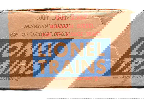 Lionel 2367 Wabash F3 Diesel Master Carton ONLY: Lionel postwar master carton only for a 2367 Wabash F3 Diesel. The master carton is sealed on one end. One corner of the box and one top flap has been repaired with tape.