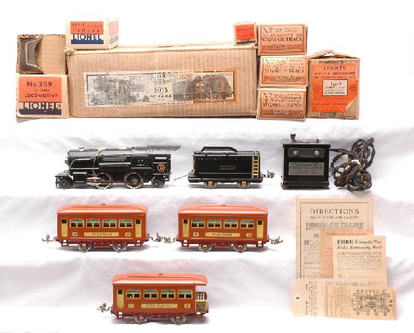 Lionel Terra Cotta Passenger Set no. 5015 LN OB: Lionel prewar O gauge terra cotta passenger set no. 5015, circa 1935 in individual OBs and set box containing; 259 black 2-4-2 steam loco, 259T tender, two 529 Pullmans, 530 observation and a Type U 5