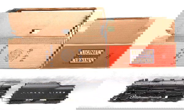 Lionel 646 Steam Loco w/2046W Tender OBs: Lionel postwar 646 black 4-6-4 steam loco and a 2046W tender both in OBs with original cardboard inserts. Except for some paint nicks on the the top of loco near boiler front, the loco is C8. The tend