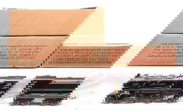 Lionel 260E Steam Loco 260T w/Green Frames OBs: Lionel prewar O gauge 260E black 2-4-2 steam loco that has an original cardboard insert and a 260T tender, both with green frames in OBs. The loco and tender are C7. Both OBs are sealed on the bottom