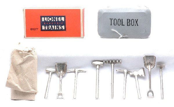 Lionel 206 Tool Box w/six Tools 812T Tool Set MIB: Lionel prewar 206 tool box with six tools. The tool box is C6 and the tools are C7. Also included is an 812T tool set with three tools in OB with original wrap. The 812T is factory new, C10. The OB is