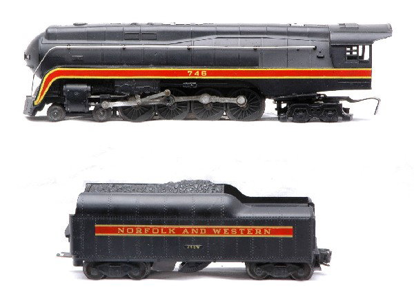 Lionel 746 Norfolk & Western Class J Loco 746W LN: Lionel postwar 746 Norfolk & Western 4-8-4 Class J Northern Loco and 746W Norfolk & Western tender. The ridge on the top of the loco cab is dented, otherwise loco and tender are C8.