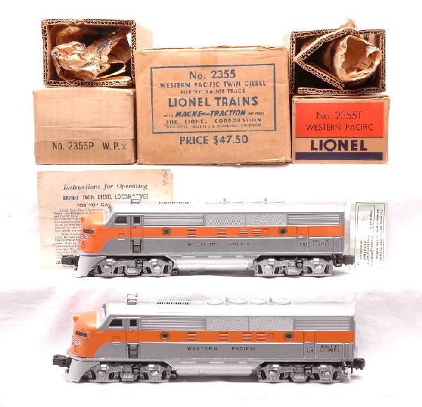 Lionel 2355P/2355T Western Pacific F3 AA OBs: Lionel postwar 2355P/2355T Western Pacific F3 AA diesel units in individual OBs with original cardboard inserts and wrap, instruction sheet and inspection tag all in master carton. The diesels have ne