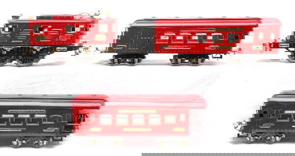 Ives Red Arrow Pass Set 691R 3235 184 186: Ives prewar wide gauge Red Arrow passenger set no. 691R containing; 3235 electric 0-4-0 loco, 184 Pullman Club and a 186 Pullman observation. The observation has a 184 and 186 plate on one side. The s