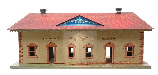 Bing 1 Gauge Lithographed Pennsylvania Station: Bing 1 gauge early lithographed Pennsylvania station with dual chimneys. Both dormers are marked Pennsylvania Station. Each end is stamped with a GBN Bavaria emblem, indicating station was made prior 