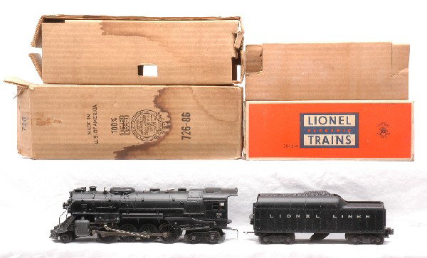 Lionel 726RR Berkshire Loco w/2046W Tender OBs: Lionel postwar 726RR black 2-8-4 Berkshire steam loco with a 2046W tender both in OBs that have original cardboard inserts, circa 1952. The loco is C8 and the tender is C7-8. The loco OB has all flaps