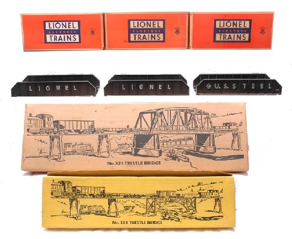 Lionel three Girder 321 and 332 Bridges MINT OBs: Lionel postwar two 214 Lionel girder bridges, 214 U.S. Steel girder bridge, 332 trestle bridge and 321 trestle bridge in OBs. The 321 and 332 are complete with packets. All bridges are C9 except for s