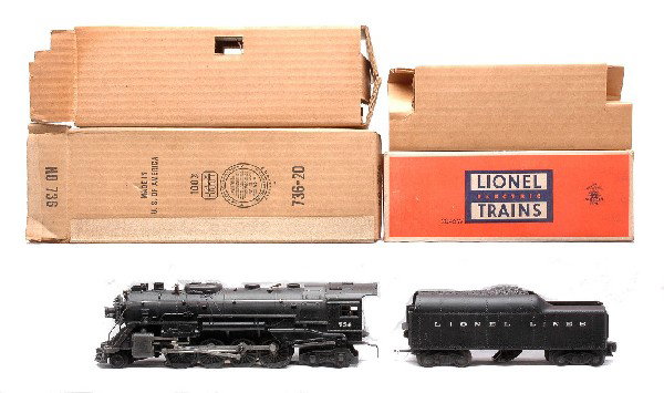 Lionel 736 Berkshire Loco 2046W Tender LN OB: Lionel postwar 736 black 2-8-4 Berkshire steam loco and a 2046W tender both in OBs with original cardboard inserts. The loco has some spots on the paint near the smoke stack on the boiler and a couple
