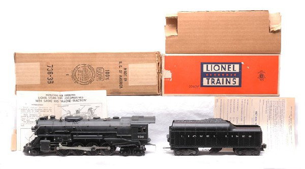 Lionel 736 Berkshire Loco w/2046W Tender Boxed: Lionel postwar 736 Berkshire 2-8-4 steam loco and 2046W tender both in OBs. Also included is an original cardboard insert for the tender, instruction sheet, warranty card and tamper. The loco is C8. T