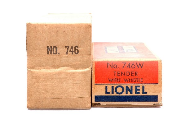 Lionel Original Boxes ONLY for 746 and 746W: Lionel postwar original boxes only for a 746 Norfolk & Western 4-8-4 Class J Northern loco with instruction sheet and a 746W tender. The loco OB is sealed on one end and all flaps are attached on the 