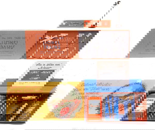 Lionel Accessories 1950 Record 309 70 927 MIB: Lionel postwar accessories; 1950 Anniversary record in jacket, 309 yard set, 70 lamp post and a 927 lubricating and maintenance kit missing the lubricating oil bottle. The accessories are C9-10.