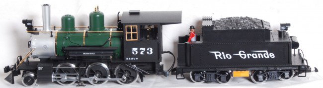 LGB 27192 Rio Grande mogul with sound: LGB G Scale 27192 Rio Grande mogul with smoke and sound in OB. Loco has detail parts still packed in original bag. Loco is C9-10 with no visible signs of running beyond a factory test. OB has slight c