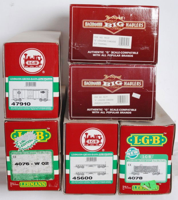 6 LGB / Bachmann freight cars 4078, 45600, etc: LGB and Bachmann G scale freight cars in OBs. Cars include 93127 Ely Thomas and 93177 Pardee and Curtin Bachmann logging cabooses. LGB cars include 4078 Southern Pacific flat car with log load, 4076 -