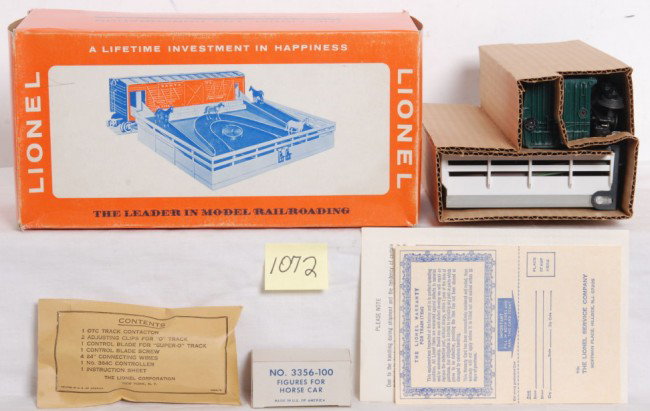 Lionel 3356 horse car & corral in Tough picture b: Postwar O gauge Lionel No. 3356 operating horse car and corral with insert, factory sealed components envelope, additional instructions sheet 3356- 112 10/66 and 1- 165 warranty card in very tough ori