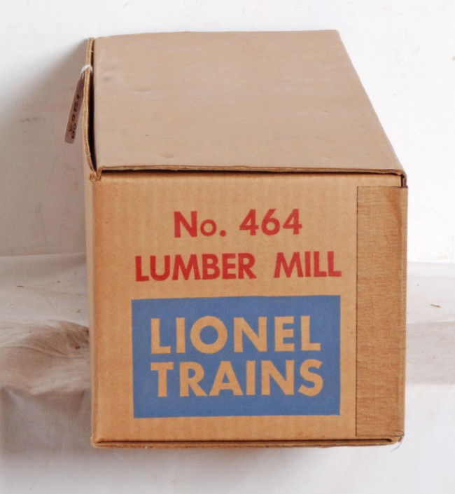Lionel No. 464 lumber mill in OB, Mint: Postwar O gauge Lionel No. 464 operating lumber mill in original box with insert, wrapping/packing paper and components in envelope. Mill looks unused C8-9. Box has older price written in marker on en