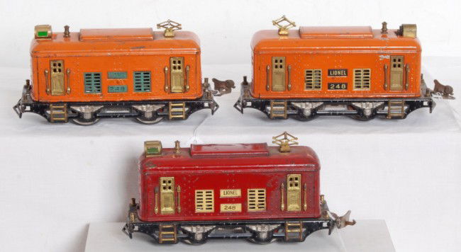 Three Lionel No. 248 loco variations: Lionel prewar O gauge No. 248 locos in three different variations, need a few wheels replaced, C6.