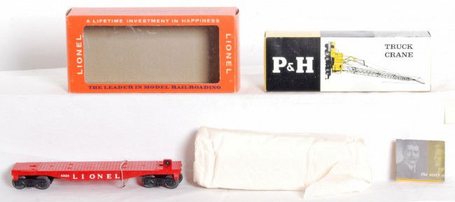 Tough Lionel No. 6828 RED flatcar with 6828-100: Tough Lionel postwar O gauge 6828 RED flatcar with 6828-100 P&H crane, C10 all the way around.
