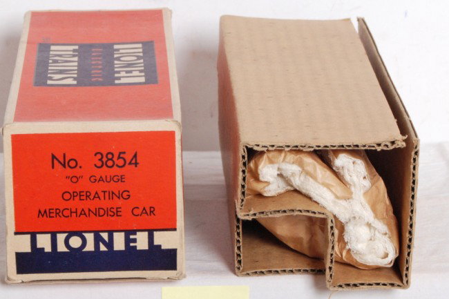Lionel 3854 large merchandise car box only: Lionel Postwar O Gauge original box only for 3854 large merchandise car. Includes correct original insert, wrap, and all flaps are intact. C9. This box is impossible to find in the very high grade and