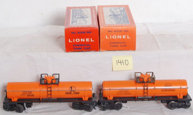 Lionel No. 6315-50 and No. 6315-60 tanks in OB: Postwar Lionel O gauge No. 6315-50 Lionel Lines chemical tank car unrun C9-10 and No. 6315-60 Gulf Oil Corp. chemical tank car C9, in original boxes. Boxes look C8 area.