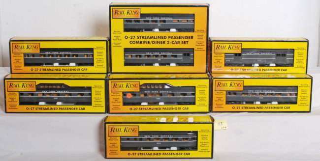 Railking 8 car New York Central pass. set: Railking O Gauge modern New York Central streamlined passenger set in OBs. Eight cars includes 6080S baggage, 6081 coach, 6080S coach, 6080D vista dome, 6082 vista dome, and 6083 combo diner set. Cars