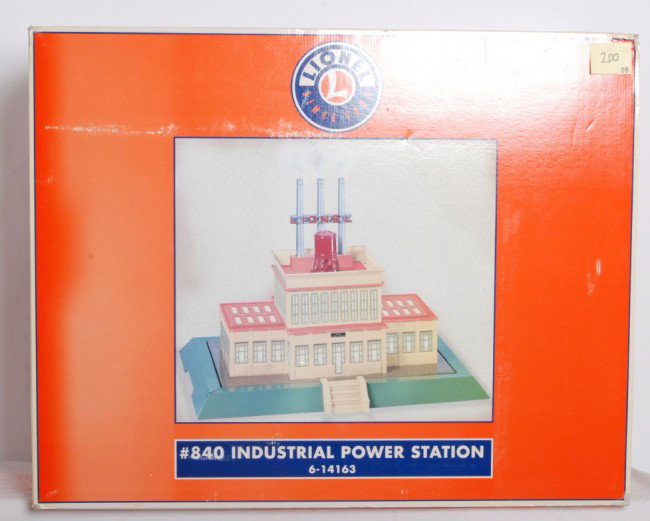 Lionel 14163 # 840 power station: Lionel modern tinplate 14163 # 840 power station in OB. Reissue features smoke and interior lighting. Opened for inspection and looks displayed only C8+.