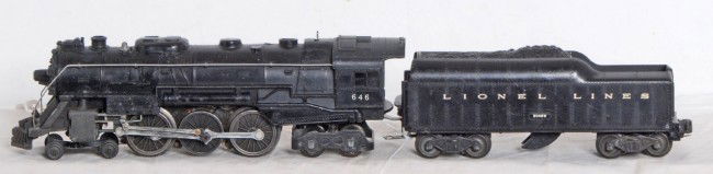 Lionel postwar O gauge 646 steam Hudson: Lionel postwar O gauge 646 steam Hudson with 2046W tender, truck wheels on trailing truck need to be reinstalled, touch up. C5-6.