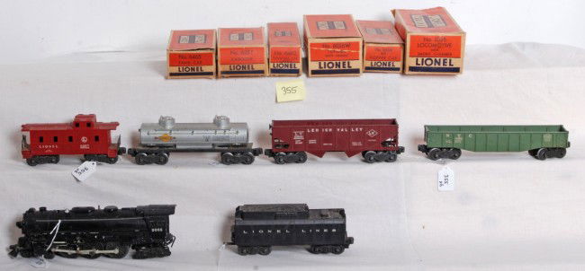 Lionel 2055, 6026W, 6465, 6456, 6462, 6257 in OB: Postwar Lionel O gauge No. 2055 locomotive, 6026W tender with whistle, 6465 Sunoco tank, 6456-25 New York Central hopper and 6257 caboose. Loco is missing the smoke chamber and a marker light, other t