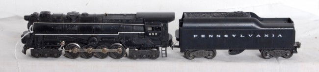 Lionel No. 682 locomotive with No. 2046W PRR: Postwar Lionel O gauge No. 682 steam type locomotive with No. 2046W Pennsylvania tender with whistle. Tender has a C9-10 looking reproduction shell. Trains otherwise look C6 area.