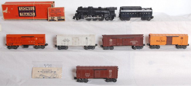 Lionel 2037, tender, 6454, 2758, RT3472, X2454, 36: Postwar Lionel O gauge No. 2037 loco, tender with whistle, 6454 NYC boxcar, X2758 Pennsylvania double door boxcar, 3472 milk car, X2454 Baby Ruth boxcar and 3656 stockcar, trains are clean C6 area. Wo