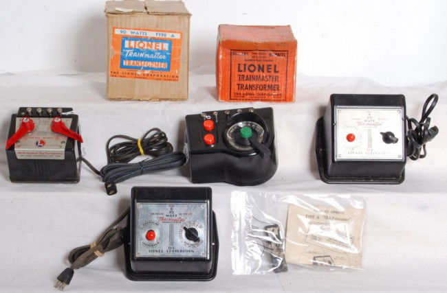 Lionel type A in OB, Q, LW, 1044 in OB: Lionel transformers type A 90 watts in original box with instructions sheet, inspection slip and UTC. Type 1044 90 watts in original box with supple original cord, type Q 75 watts replaced cord and LW