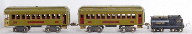 Prewar Lionel No. 337, 338 A.F. diecast tender: Prewar Lionel standard gauge No. 337 coach and No. 338 observation car, C6+. Prewar American Flyer narrow/O gauge diecast tender repainted to look C6-7. Tender wheels have been filled on the inside wi