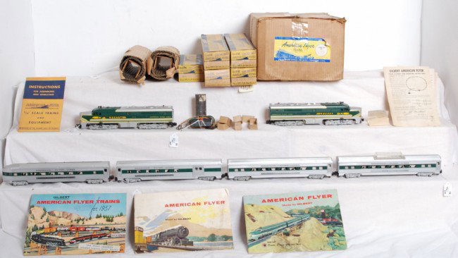 American Flyer No. 5570-H Rocket passenger set in : Postwar American Flyer S gauge set No. 5570-H diesel passenger set in original boxes with paper literature. Nos. 474 and 475 The Rocket Alco PA diesel A units in original wrapping material with green 