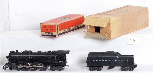 Lionel No. 2046, 2046W-50, 6415, 6464-1, 6119 : Postwar Lionel O gauge No. 2046 steam locomotive, 2046W-50 Pennsylvania tender with whistle, 6415 Sunoco tank, 6464-1 Western Pacific boxcar and 6119 Delaware, Lackawanna and Western work caboose. 646