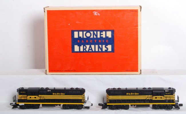 Lionel Nickel Plate GP-7 double headed: Lionel modern O Gauge Nickel Plate 18505 GP-7 diesel set in OB. Includes two locos, powered and dummy. Dummy features Railsound. Comes with sound button. Locos are C8-9. OB has price tag and some shel