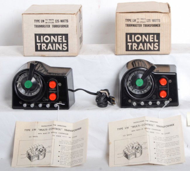 Two Lionel type LW 125 watts transformers in OB: Two postwar Lionel type LW 125 watts transformers in original white boxes, one has replaced cord, one box insert, two original instructions sheets, one is missing cord. Transformers look C7 area. Boxe