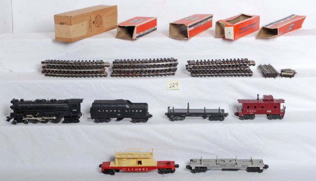Lionel No. 665, 2046W, 6812, 3461, 3361, 6357: Postwar O gauge Lionel No. 665 Hudson, 2046W tender, 6812, 3461, 3361, 6357. 6812 has broken railing. C6 set includes 6 Super O straights, No. 43., Super O uncoupling section and 12 pieces of curved S
