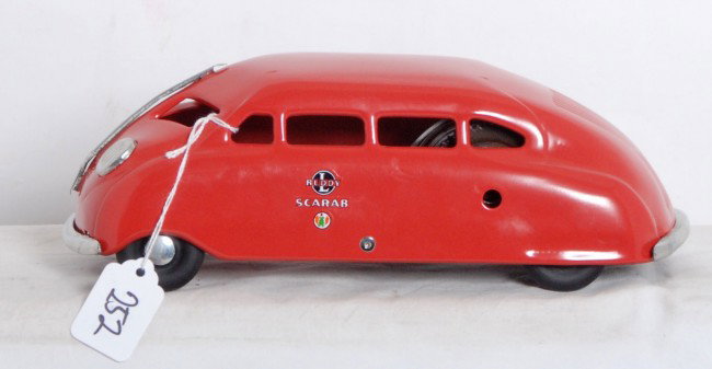 Restored Marx Scarab Mystery car, bump and go: Restored Marx pressed steel key wind mechanical Scarab Mystery car, bump and go car. Car has been nicely restored to look C7 area.