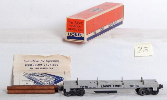 Lionel No. 3361 lumber car in OB w/instr.: Postwar Lionel O gauge No. 3361 lumber car in original box, unrun C9-10 in C10 OB. Original instructions sheet and five logs included.