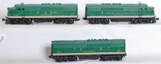 Great looking Lionel No. 2356 Southern F3 A-B-A di: Postwar Lionel O gauge No. 2356 Southern F3 AA units and No 2356C Southern B unit. Great looking clean and shiny diesel at first glance. Trains have some touchups to some edges and high points, both o