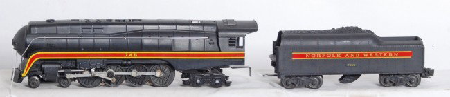 Lionel No. 746 Norfolk and Western J loco & tender: Postwar Lionel O gauge No. 746 Norfolk and Western streamlined J class steam locomotive and 746W tender with whistle. Train is very clean and fabulous C7++.